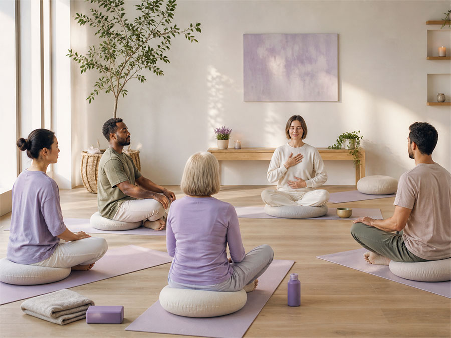 Yoga 2 serene group meditation in sunlit studio