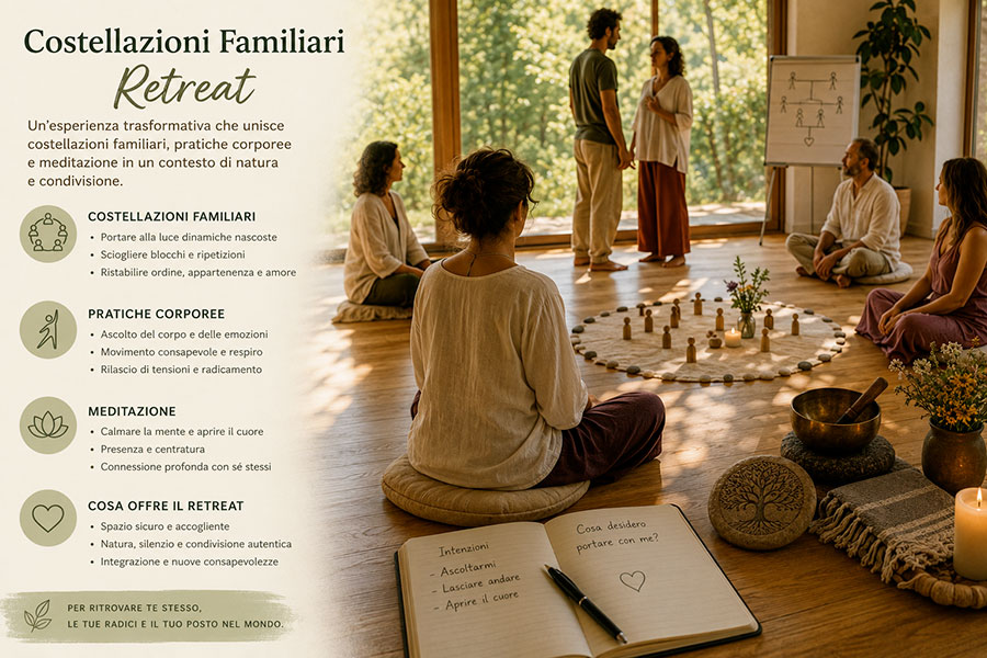 Costellazioni familiari retreat: cosa offre un’esperienza con pratiche corporee e meditazione 1 Costellazioni familiari retreat: cosa offre un’esperienza con pratiche corporee e meditazione
