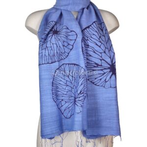 Foulard in Cotone e Seta Stampa Foglie di Loto Blu