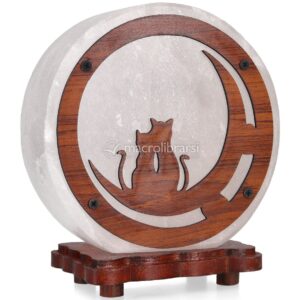 Lampada di Sale Bianca Tonda con Base in Legno - Gatti