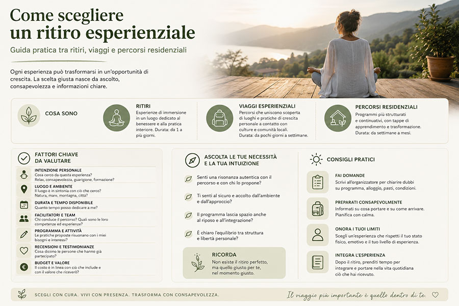 Come scegliere un ritiro esperienziale: guida pratica tra ritiri, viaggi e percorsi residenziali 1 Come scegliere un ritiro esperienziale: guida pratica tra ritiri, viaggi e percorsi residenziali