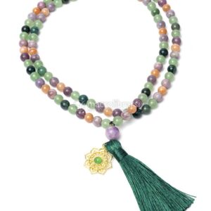 Mala Agata Muschiata, Avventurina Verde, Lepidolite, Pietra del Sole e Pendente Mandala