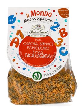 pasta con carota spinaci pomodoro e mais bio letterine 737834